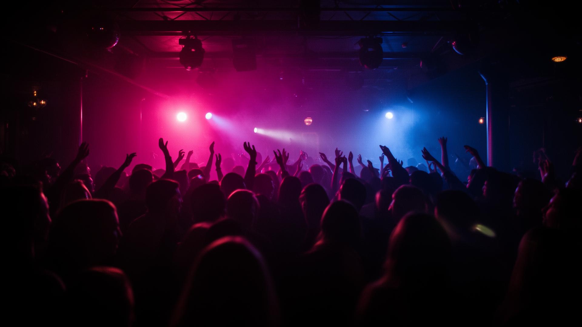 Crowd at a House Social event under magenta and blue stage lights